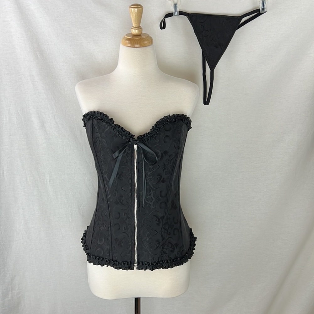 Corset Bustier Top Satin Jacquard Size 4XL & Matching G-String Set Black NWOT